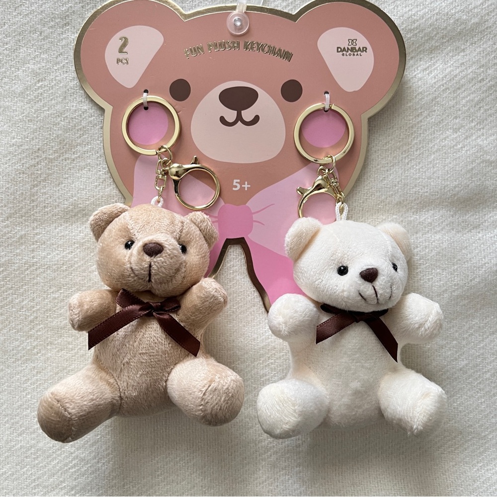 Cute Teddy Bear Keychain Set - Brown and White